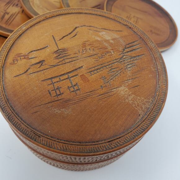 Vintage Hand Carved Miyajima Satsuma Japan Round  Tea Coasters  Set of 6 - Picture 8 of 8
